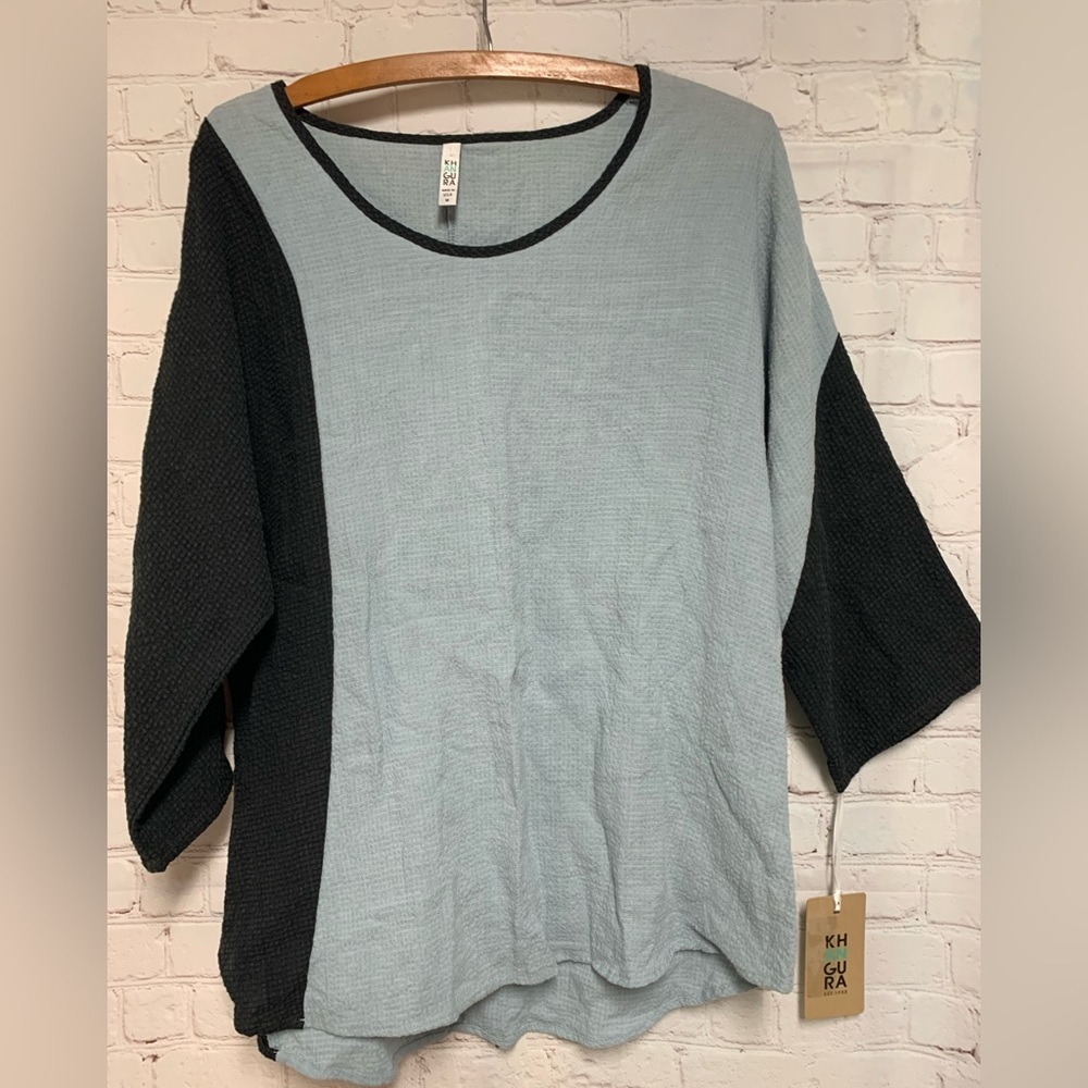 NEW Khangura Blue Black Linen Blend Top Tunic Size M​